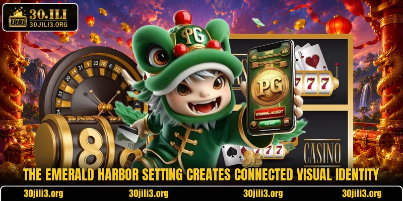 The Emerald Harbor setting creates connected visual identity